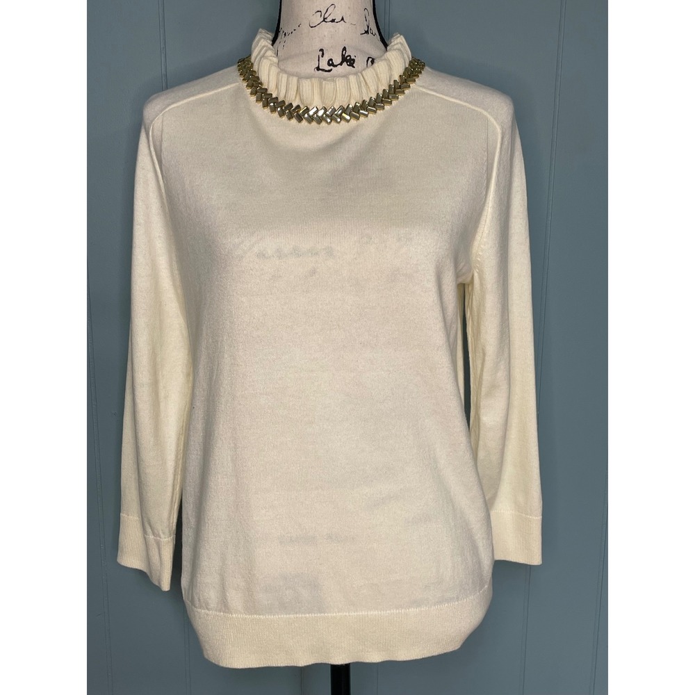 Talbots RSVP Sweater Women Medium Ivory NWT Rhinestone Ruffle Tie Neck